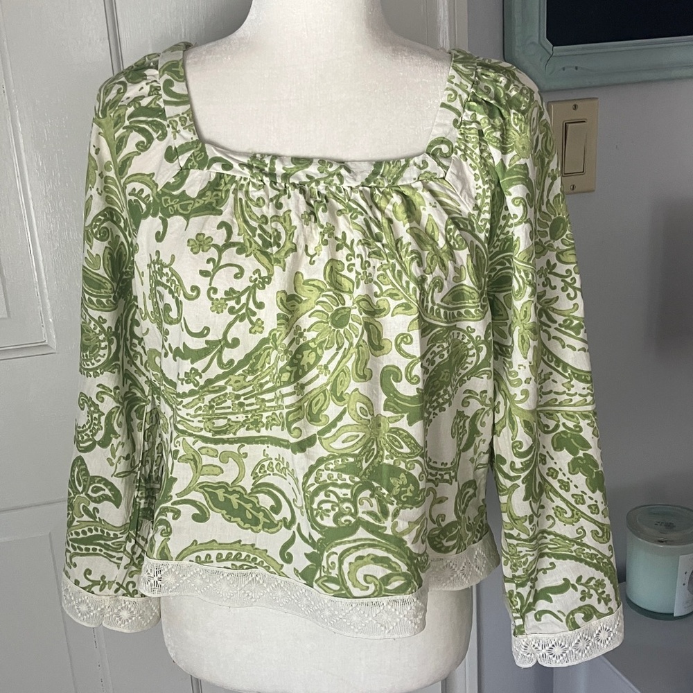 Nicole Miller square neck floral 3/4 sleeve summer boho top w crochet trim EUC M - Picture 2 of 11